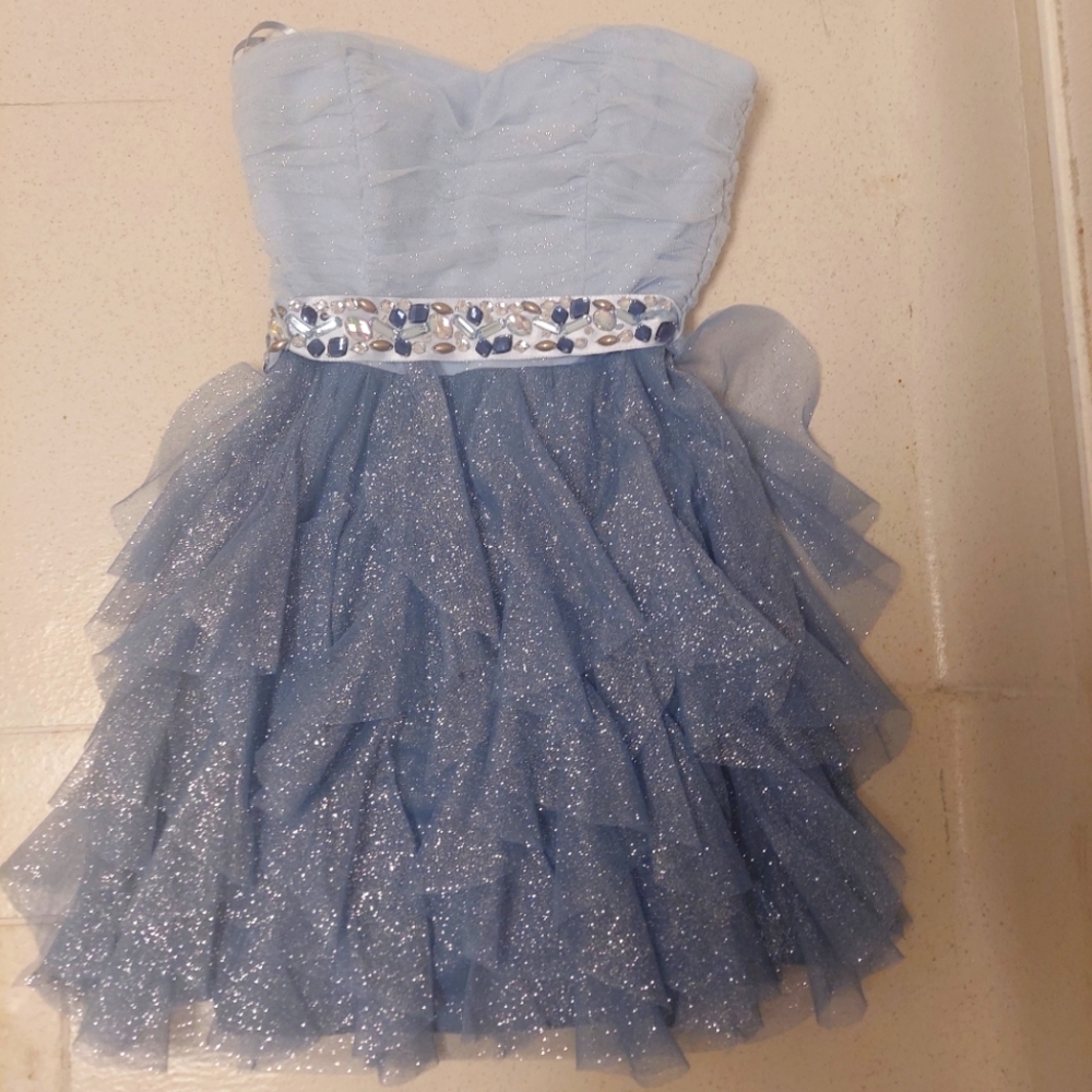 VTG Retro Deb Strapless Dress Junior 3 Blue Sweetheart Sequin Tulle Cocktail